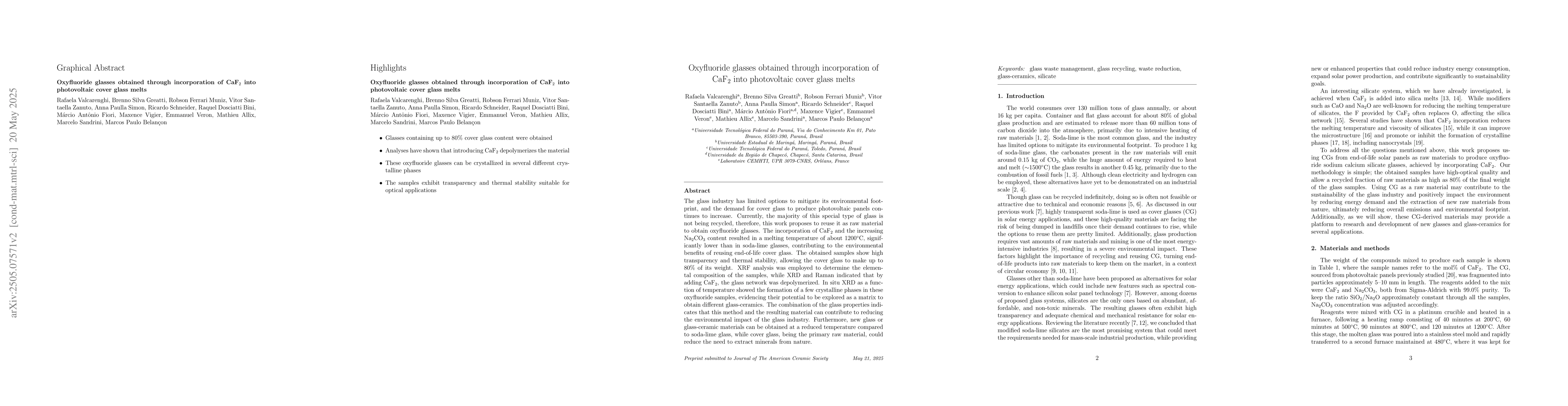 Thumbnail for Oxyfluoride glasses obtained through incorporation of CaF$_2$ into
  photovoltaic cover glass melts