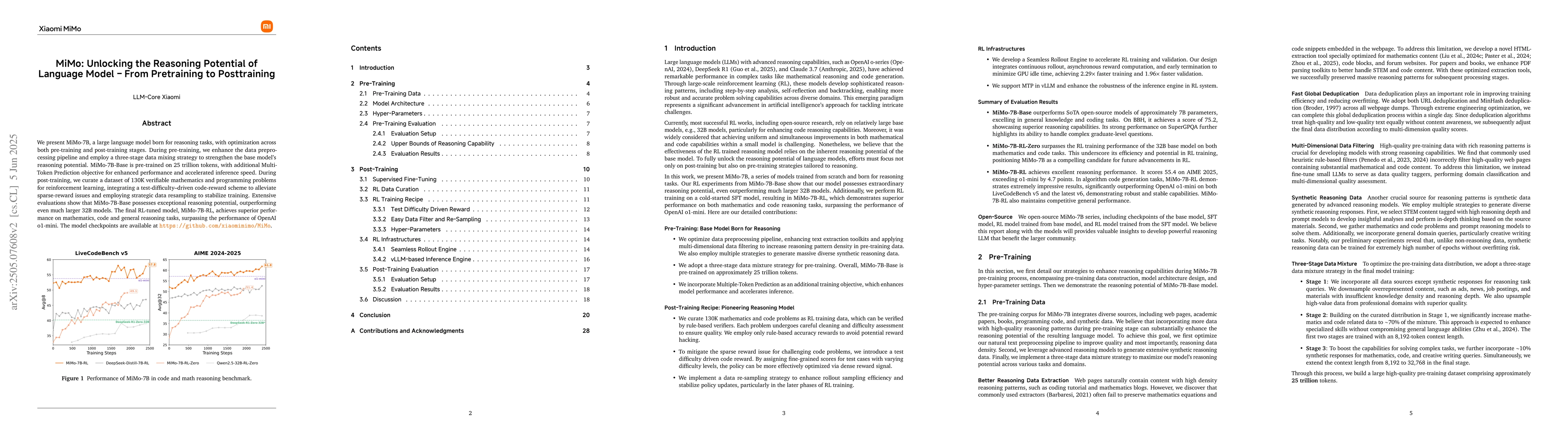 Thumbnail for MiMo: Unlocking the Reasoning Potential of Language Model -- From
  Pretraining to Posttraining