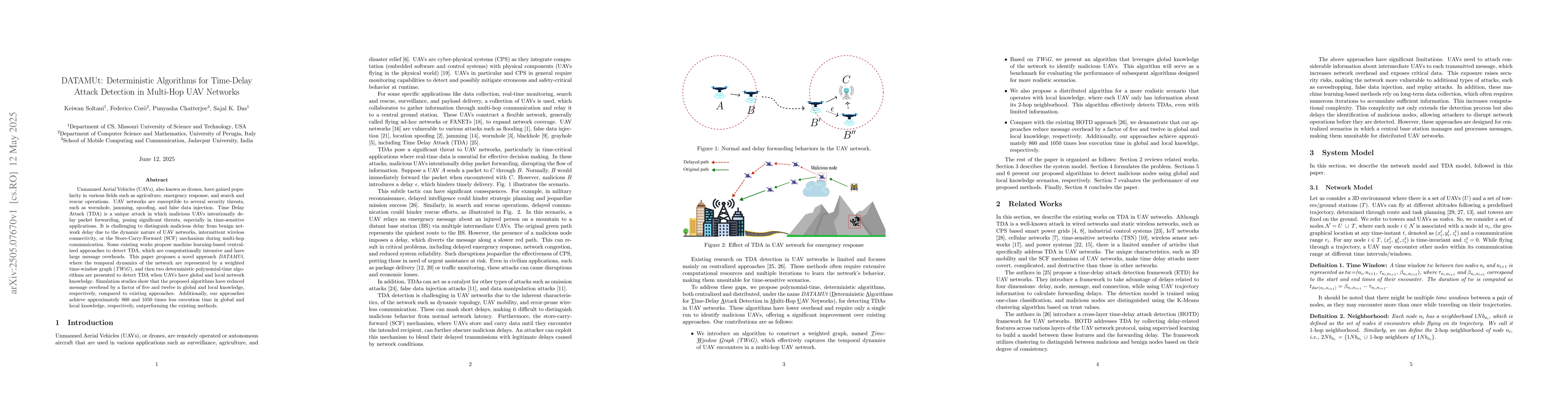 Thumbnail for DATAMUt: Deterministic Algorithms for Time-Delay Attack Detection in
  Multi-Hop UAV Networks