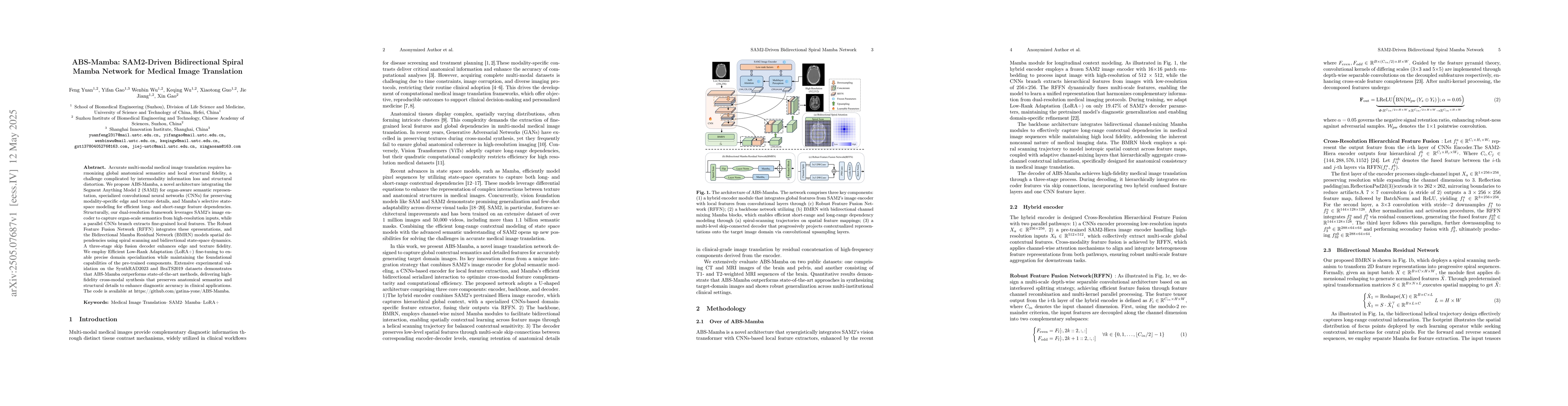 Thumbnail for ABS-Mamba: SAM2-Driven Bidirectional Spiral Mamba Network for Medical
  Image Translation