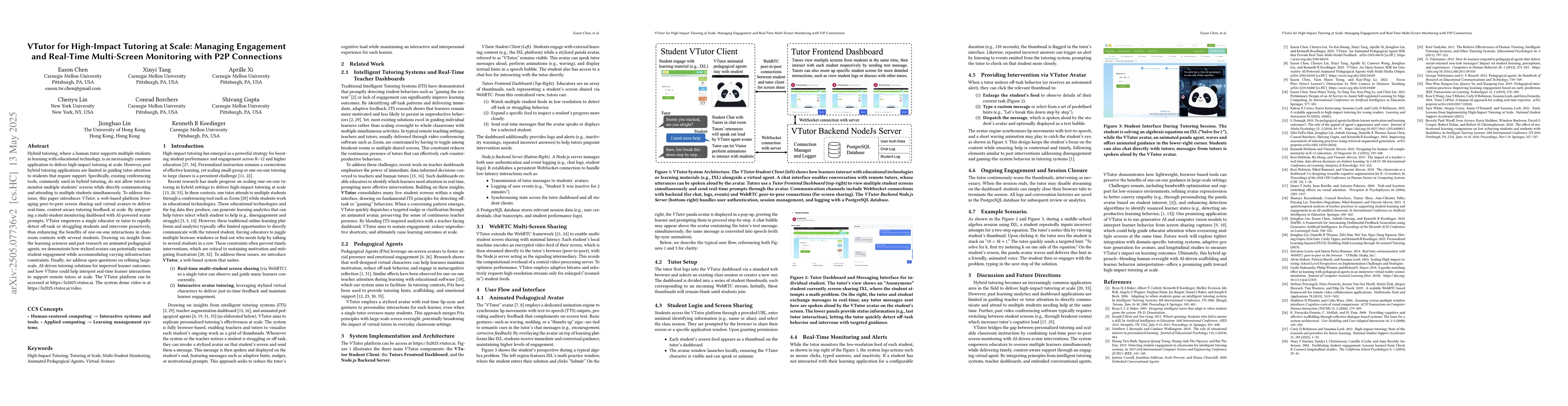 Thumbnail for VTutor for High-Impact Tutoring at Scale: Managing Engagement and
  Real-Time Multi-Screen Monitoring with P2P Connections