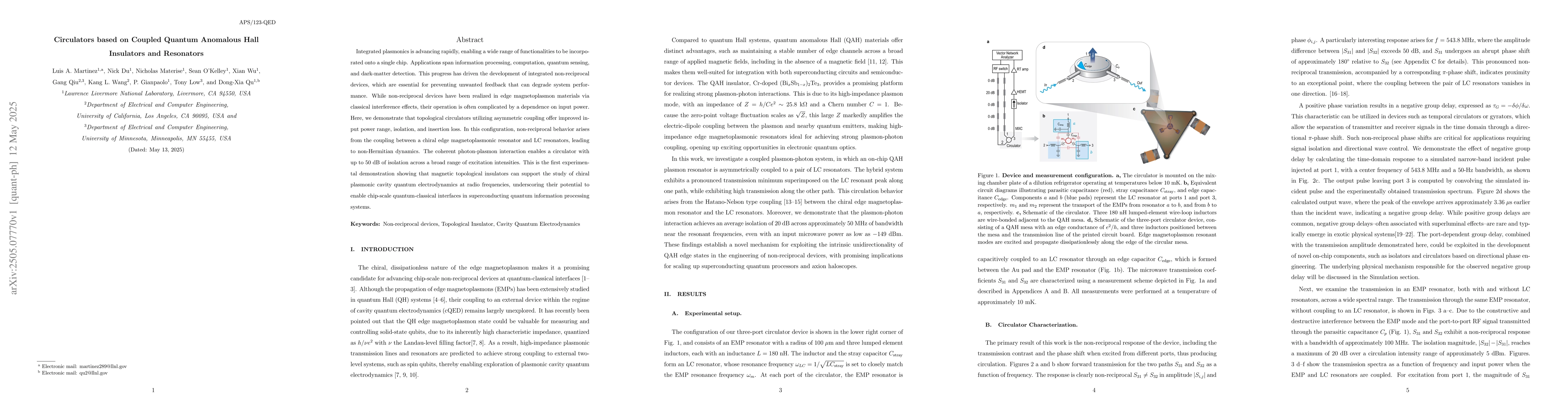 Thumbnail for Circulators based on Coupled Quantum Anomalous Hall Insulators and
  Resonators