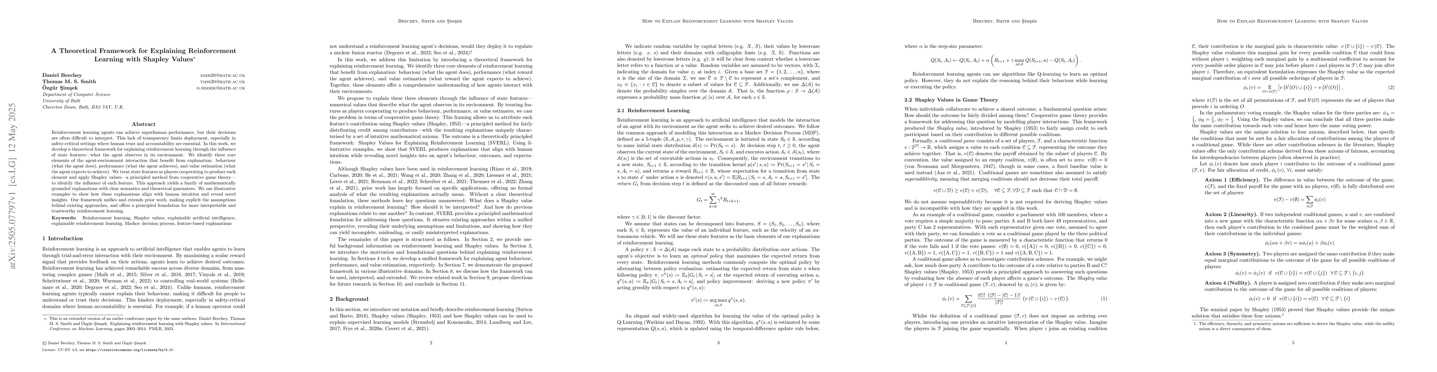 Thumbnail for A Theoretical Framework for Explaining Reinforcement Learning with
  Shapley Values