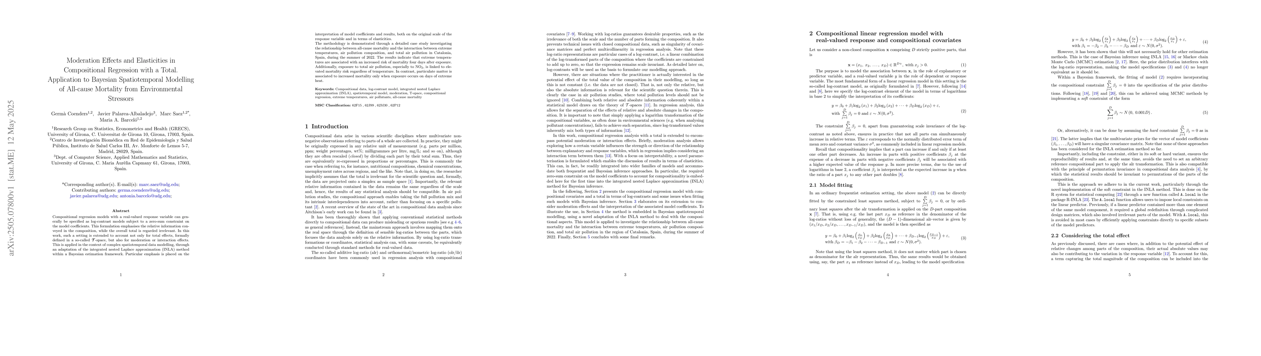 Thumbnail for Moderation effects and elasticities in compositional regression with a
  total. Application to Bayesian spatiotemporal modelling of all-cause
  mortality from environmental stressors