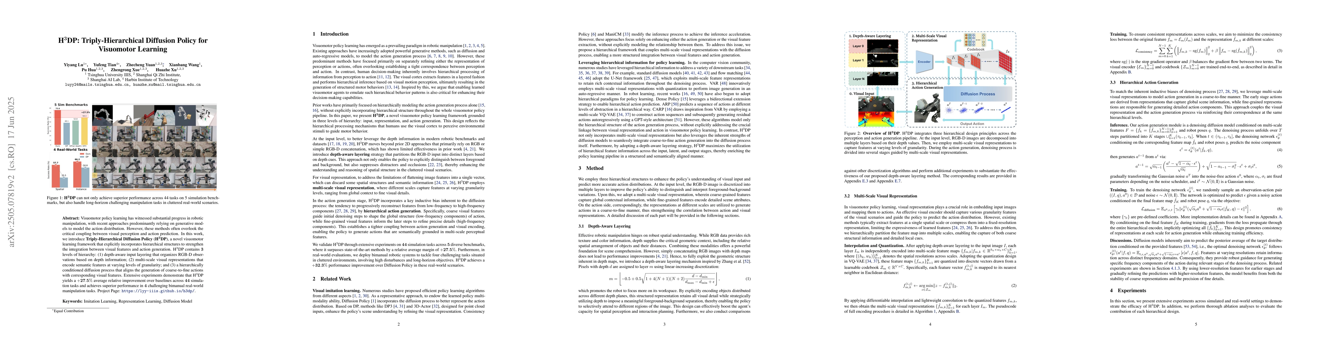 Thumbnail for H$^{\mathbf{3}}$DP: Triply-Hierarchical Diffusion Policy for Visuomotor
  Learning