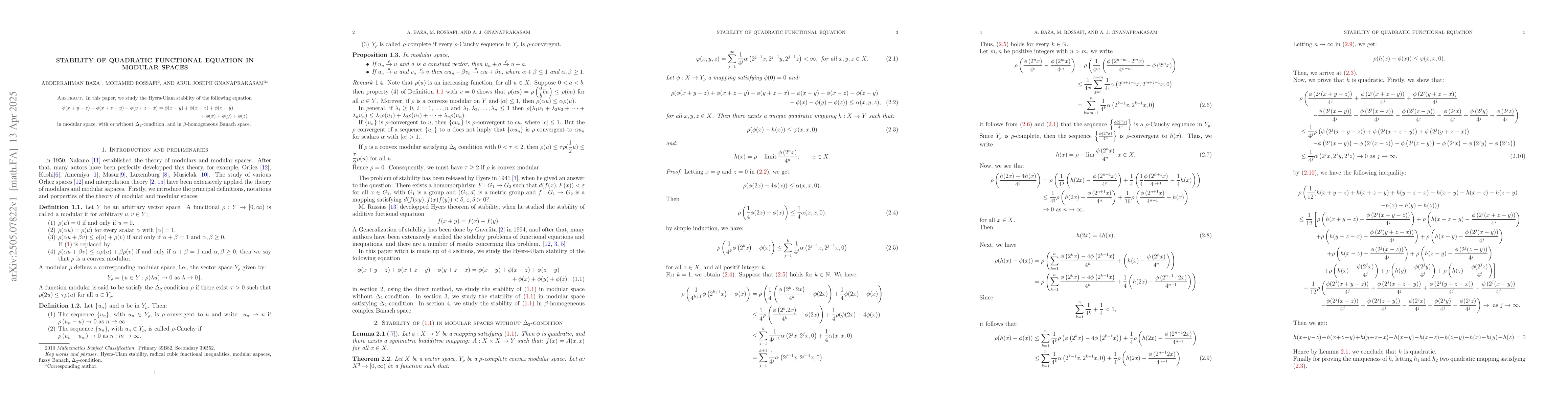 Thumbnail for Stability of quadratic functional equation in modular spaces