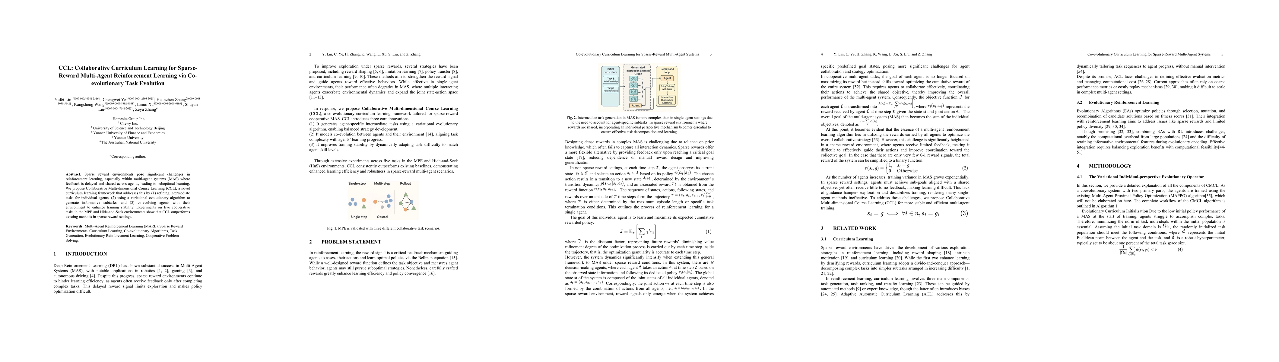 Thumbnail for CCL: Collaborative Curriculum Learning for Sparse-Reward Multi-Agent
  Reinforcement Learning via Co-evolutionary Task Evolution