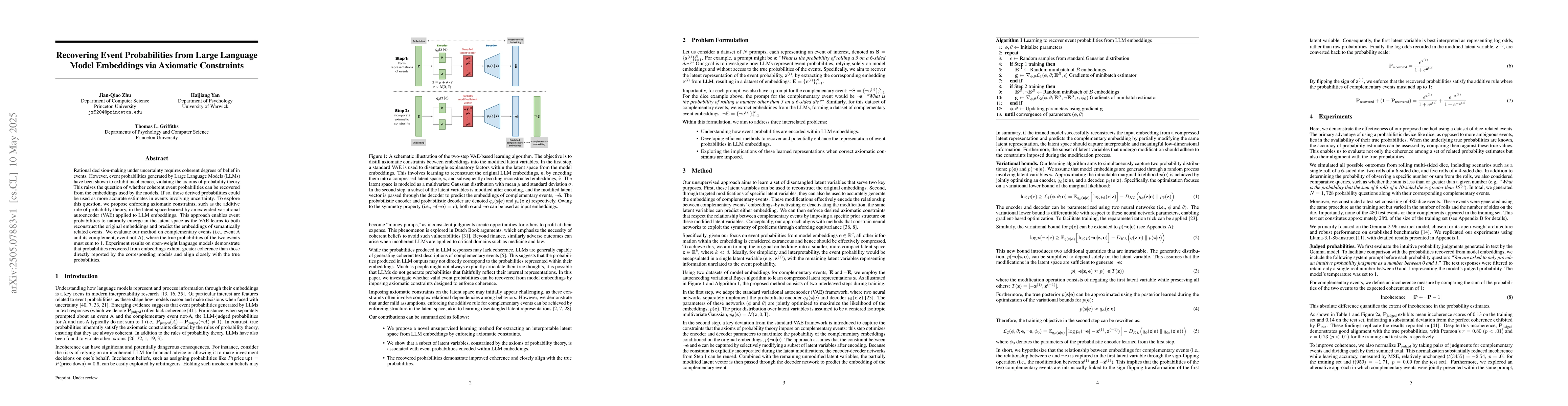 Thumbnail for Recovering Event Probabilities from Large Language Model Embeddings via
  Axiomatic Constraints