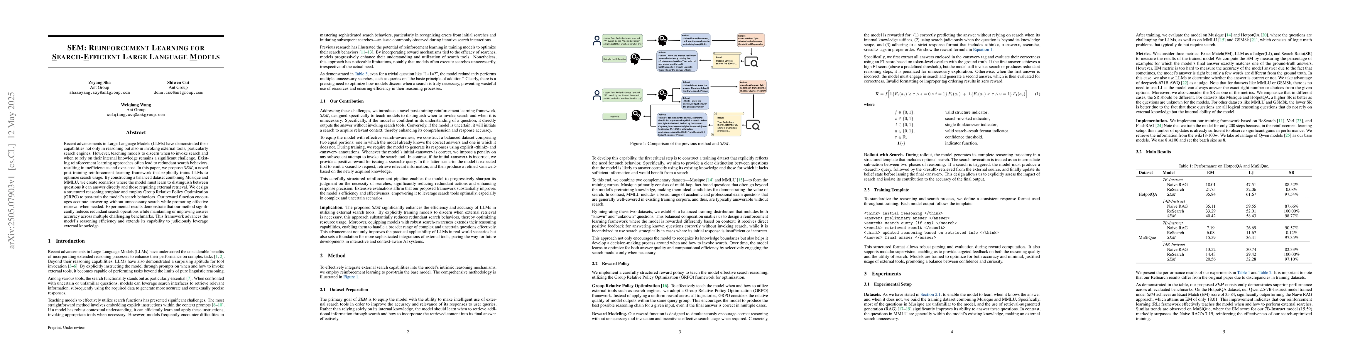Thumbnail for SEM: Reinforcement Learning for Search-Efficient Large Language Models