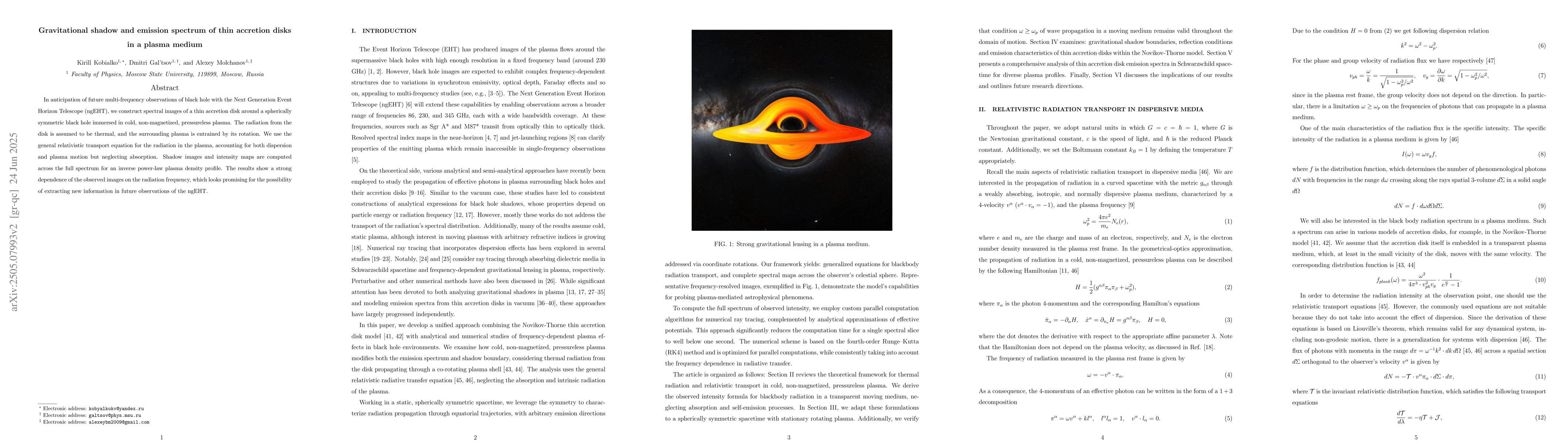 Thumbnail for Gravitational shadow and emission spectrum of thin accretion disks in a
  plasma medium