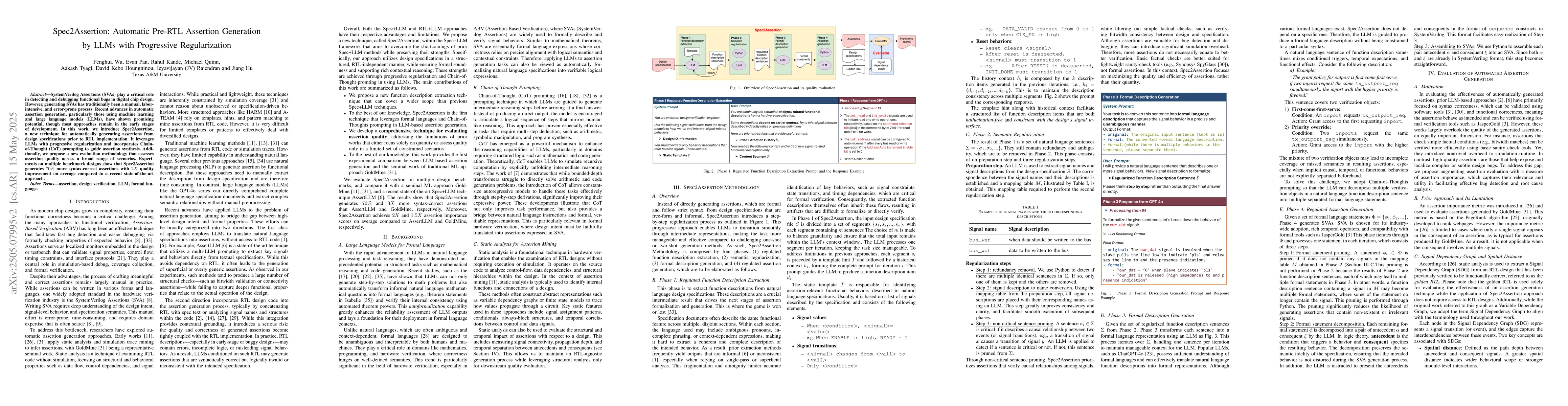 Thumbnail for Spec2Assertion: Automatic Pre-RTL Assertion Generation using Large
  Language Models with Progressive Regularization