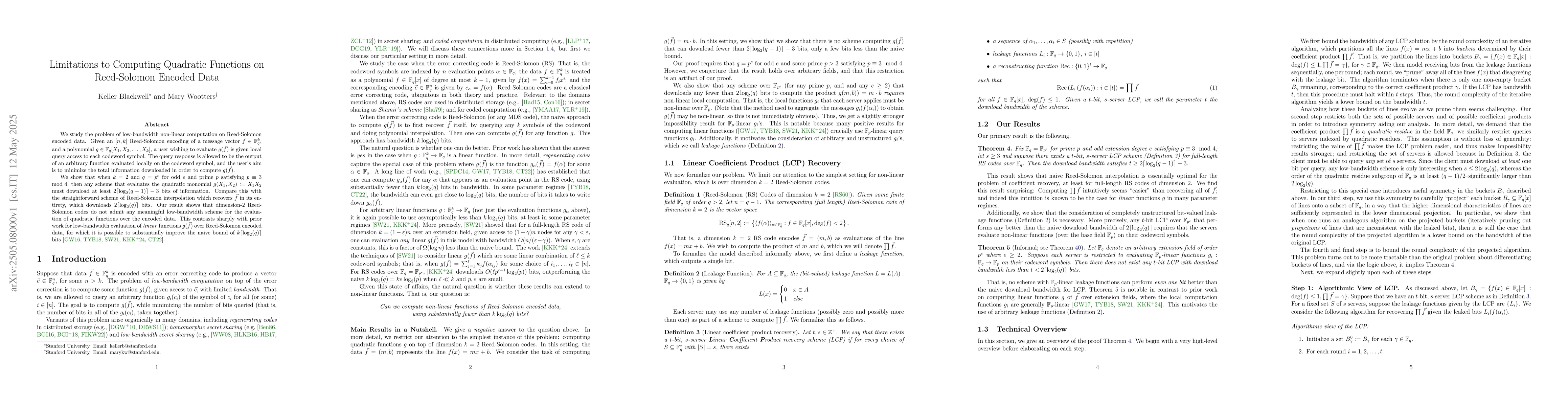 Thumbnail for Limitations to Computing Quadratic Functions on Reed-Solomon Encoded
  Data