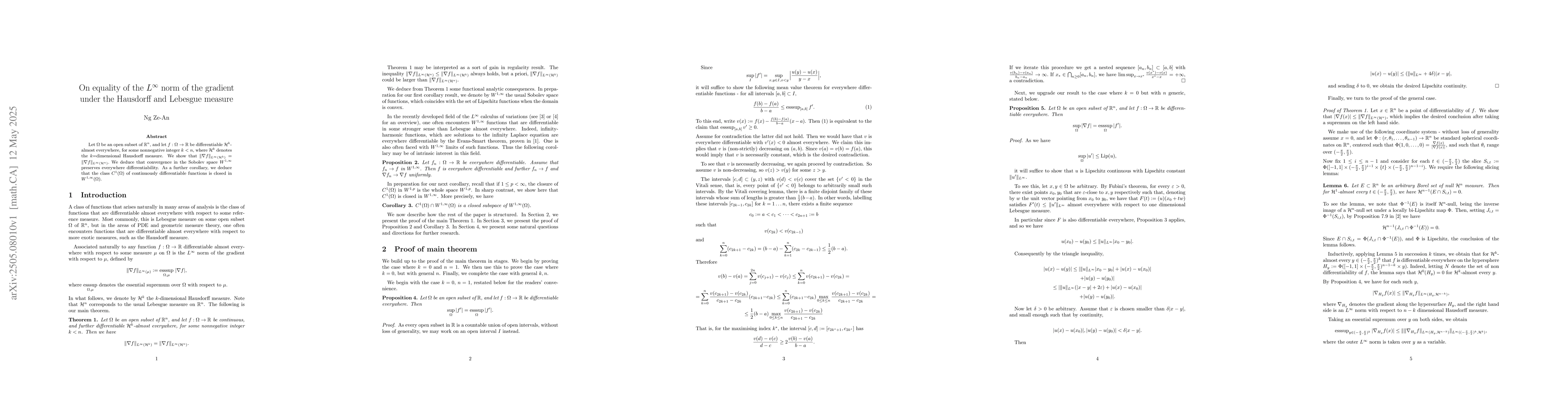 Thumbnail for On equality of the $L^\infty$ norm of the gradient under the Hausdorff
  and Lebesgue measure