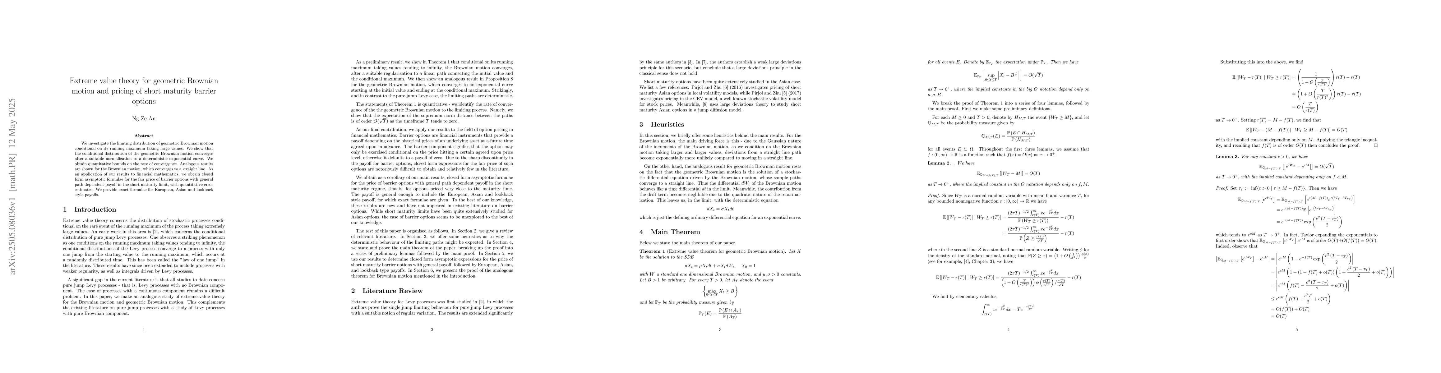 Thumbnail for Extreme value theory for geometric Brownian motion and pricing of short
  maturity barrier options