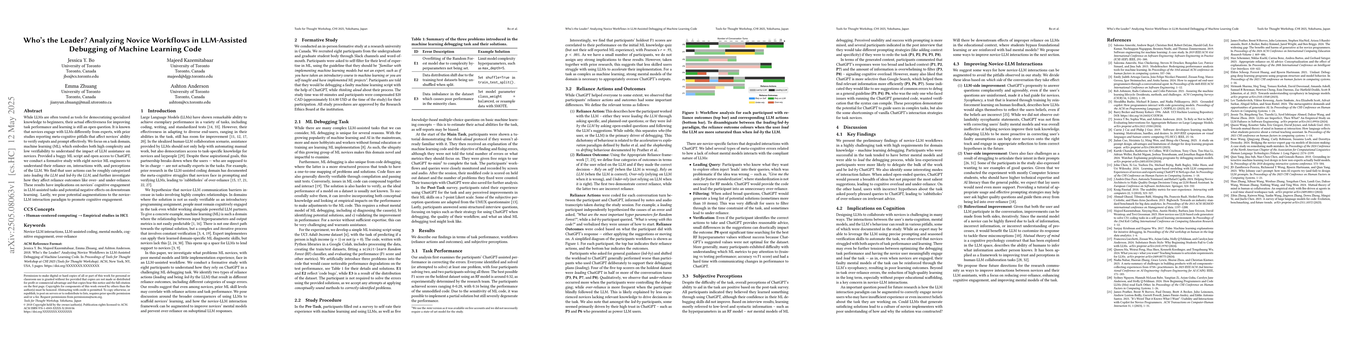 Thumbnail for Who's the Leader? Analyzing Novice Workflows in LLM-Assisted Debugging
  of Machine Learning Code