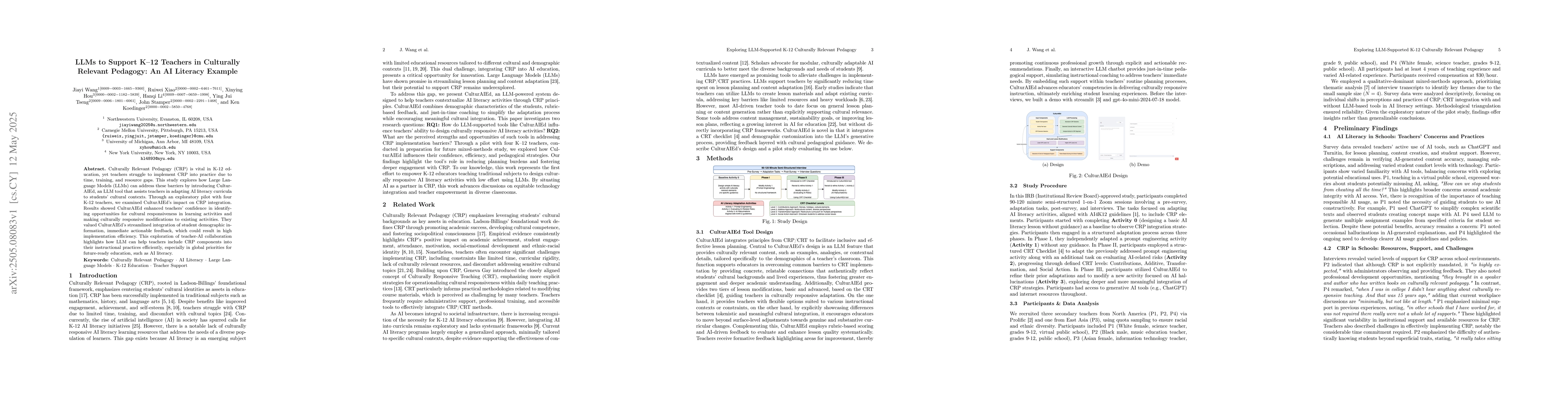 Thumbnail for LLMs to Support K-12 Teachers in Culturally Relevant Pedagogy: An AI
  Literacy Example