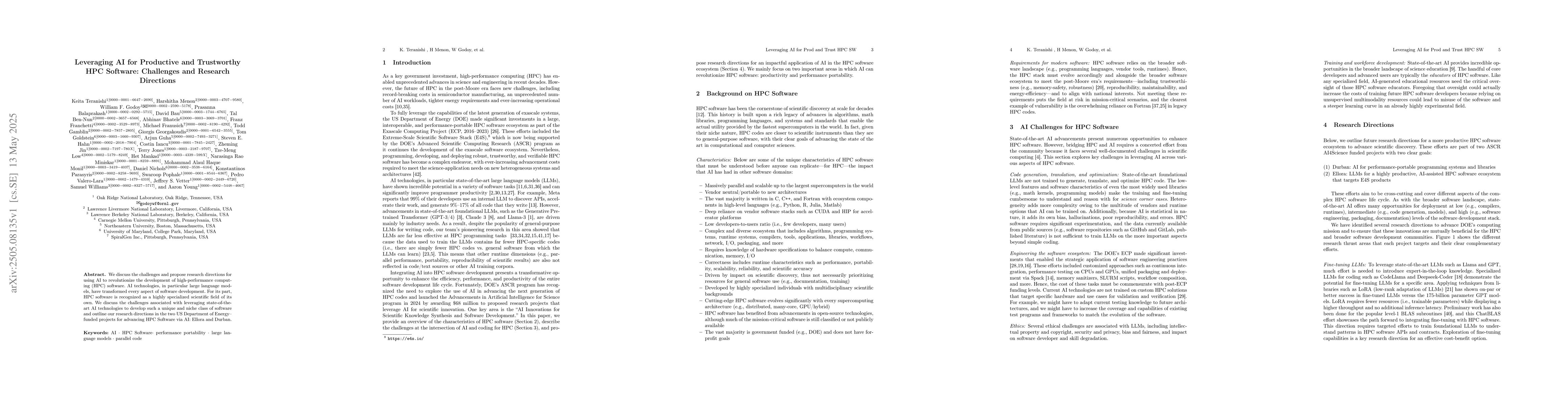 Thumbnail for Leveraging AI for Productive and Trustworthy HPC Software: Challenges
  and Research Directions