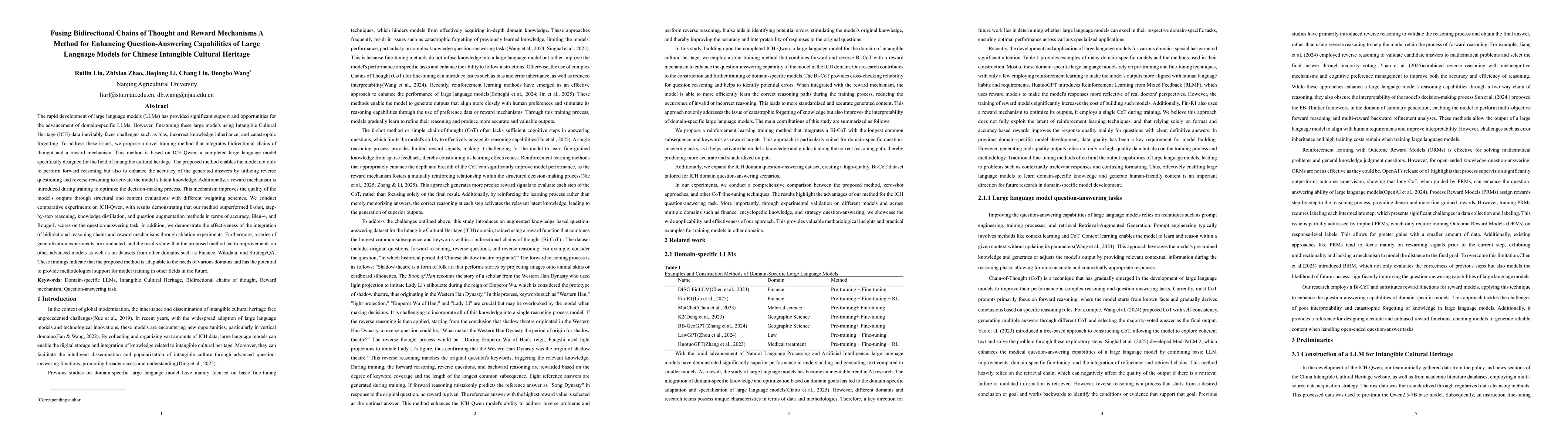 Thumbnail for Fusing Bidirectional Chains of Thought and Reward Mechanisms A Method
  for Enhancing Question-Answering Capabilities of Large Language Models for
  Chinese Intangible Cultural Heritage