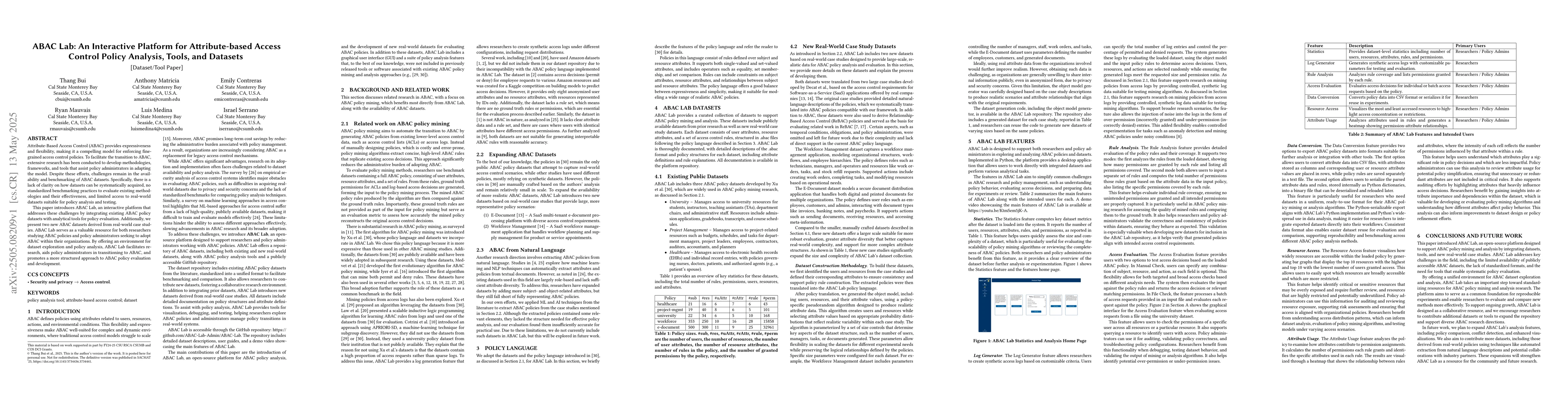 Thumbnail for ABAC Lab: An Interactive Platform for Attribute-based Access Control
  Policy Analysis, Tools, and Datasets