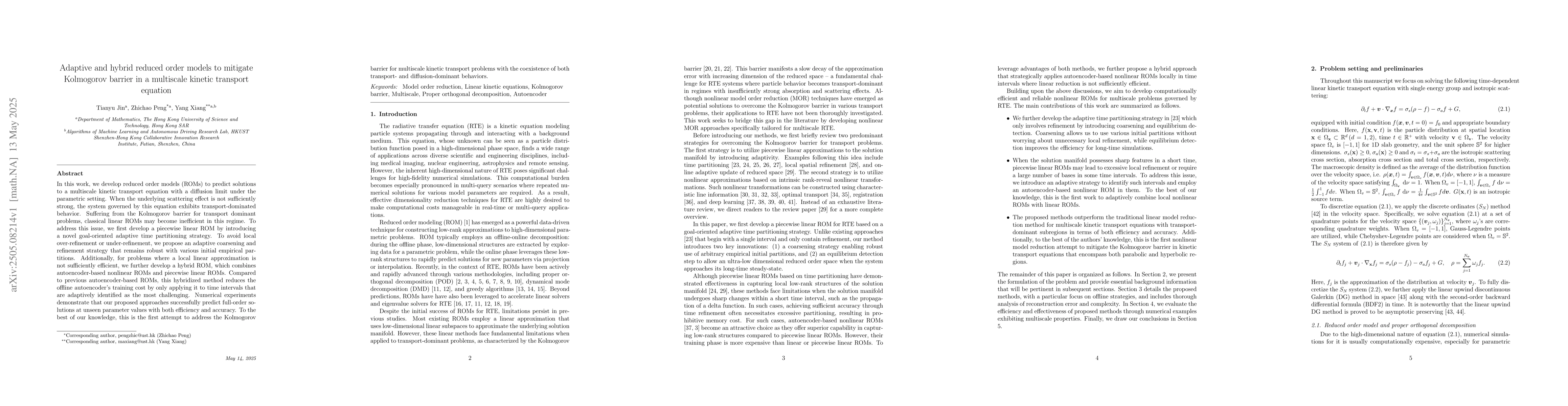 Thumbnail for Adaptive and hybrid reduced order models to mitigate Kolmogorov barrier
  in a multiscale kinetic transport equation
