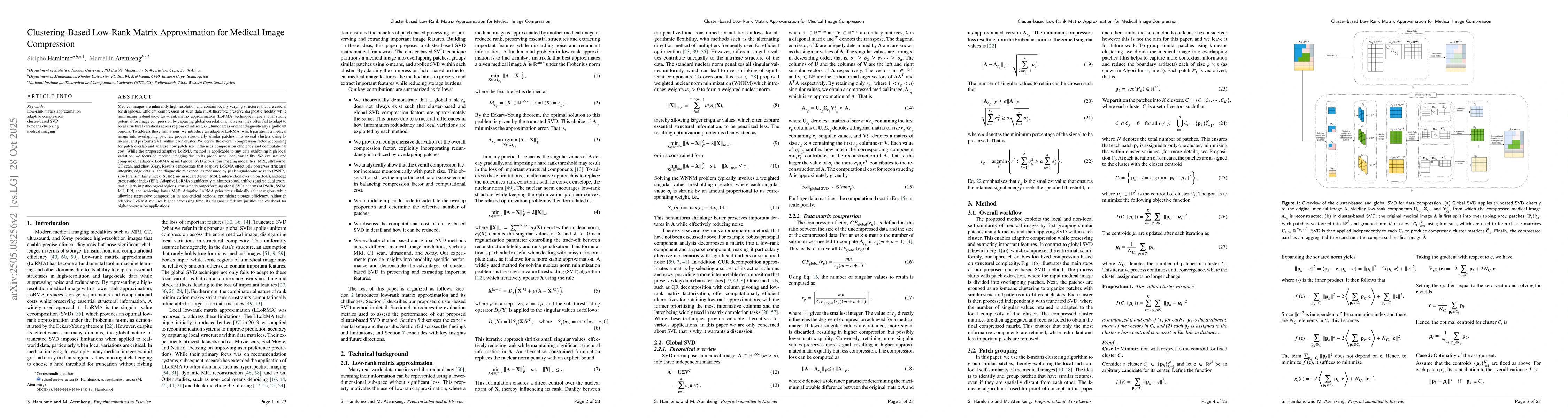 Thumbnail for Clustering-Based Low-Rank Matrix Approximation for Medical Image
  Compression