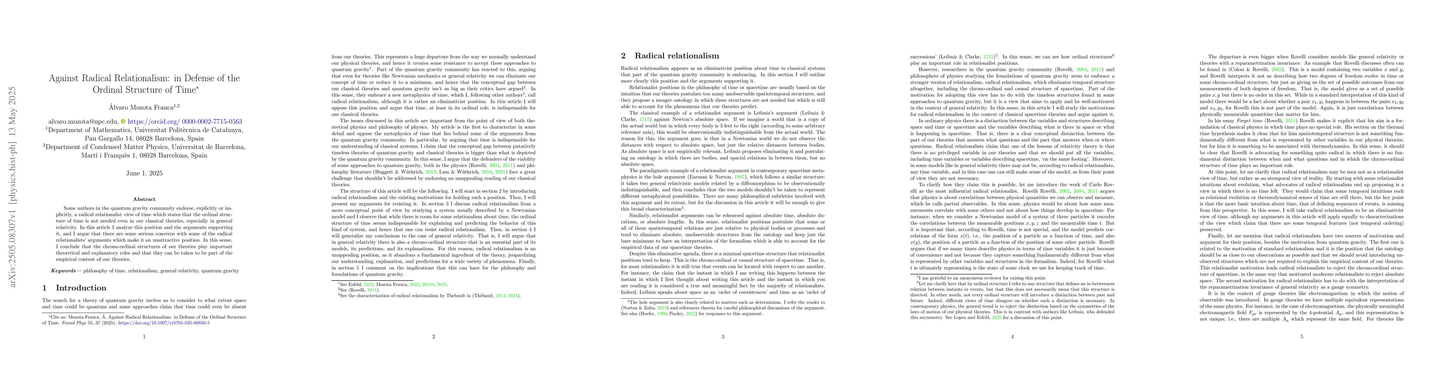 Thumbnail for Against Radical Relationalism: in Defense of the Ordinal Structure of
  Time