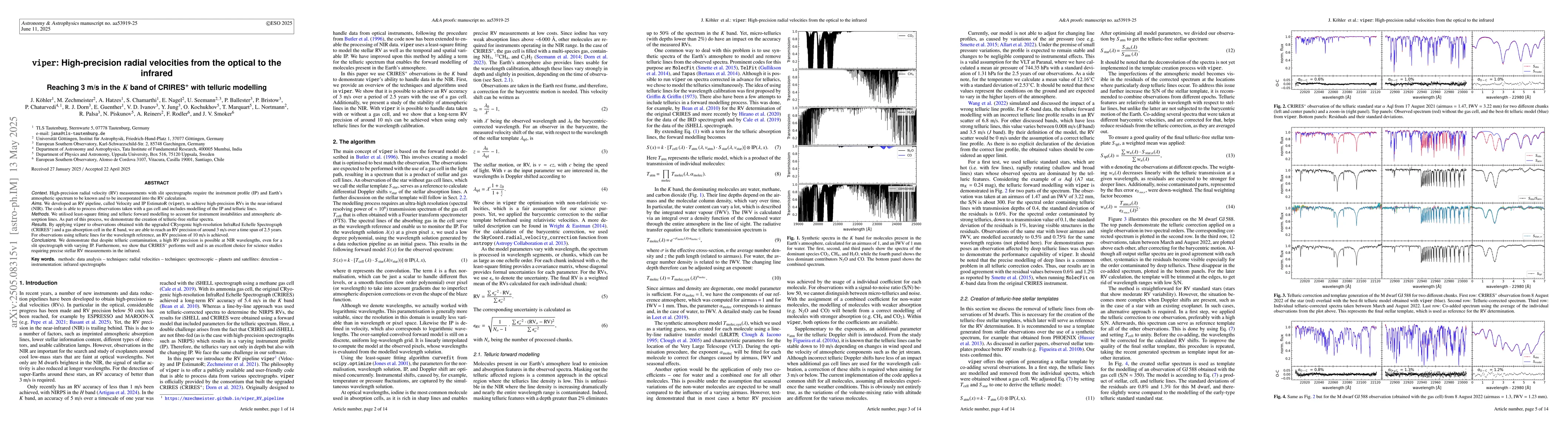 Thumbnail for viper: High-precision radial velocities from the optical to the infrared
  (Reaching 3 m/s in the K band of CRIRES+ with telluric modelling)