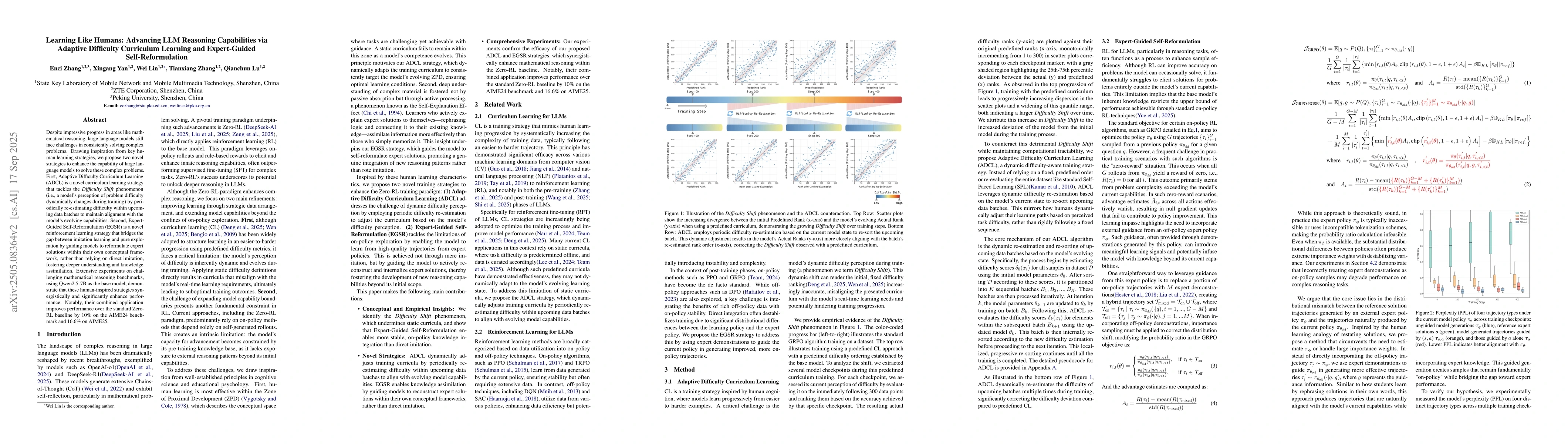 Thumbnail for Learning Like Humans: Advancing LLM Reasoning Capabilities via Adaptive
  Difficulty Curriculum Learning and Expert-Guided Self-Reformulation