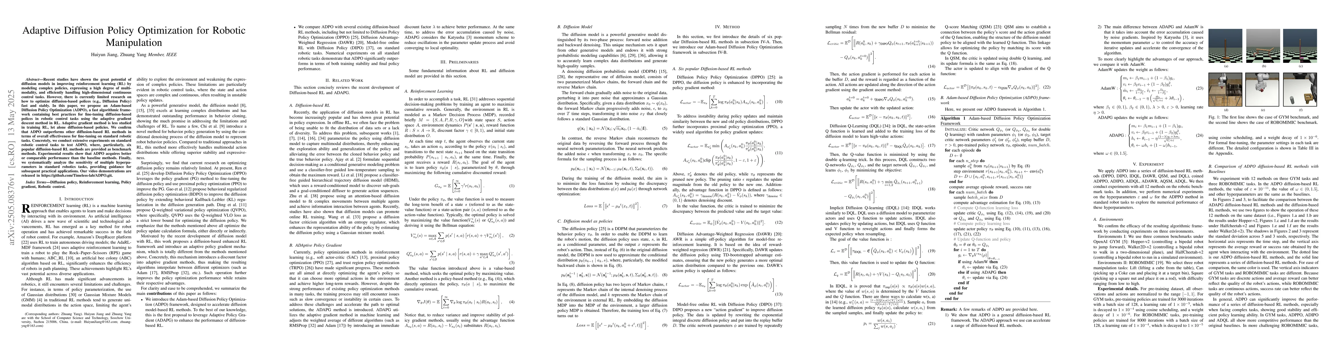 Thumbnail for Adaptive Diffusion Policy Optimization for Robotic Manipulation