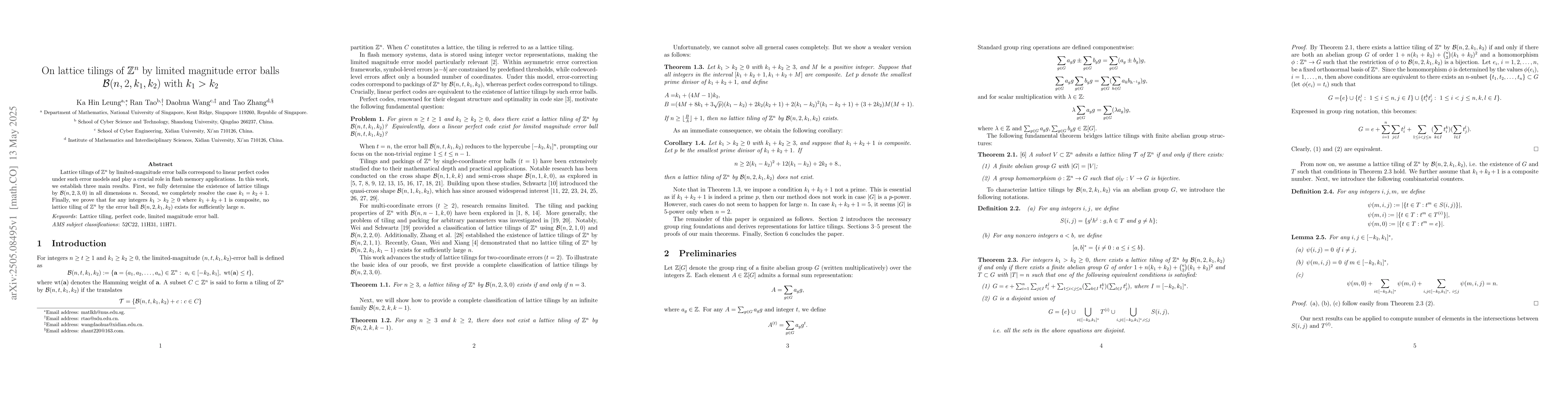 Thumbnail for On lattice tilings of $\mathbb{Z}^n$ by limited magnitude error balls
  $\mathcal{B}(n,2,k_{1},k_{2})$ with $k_1>k_2$