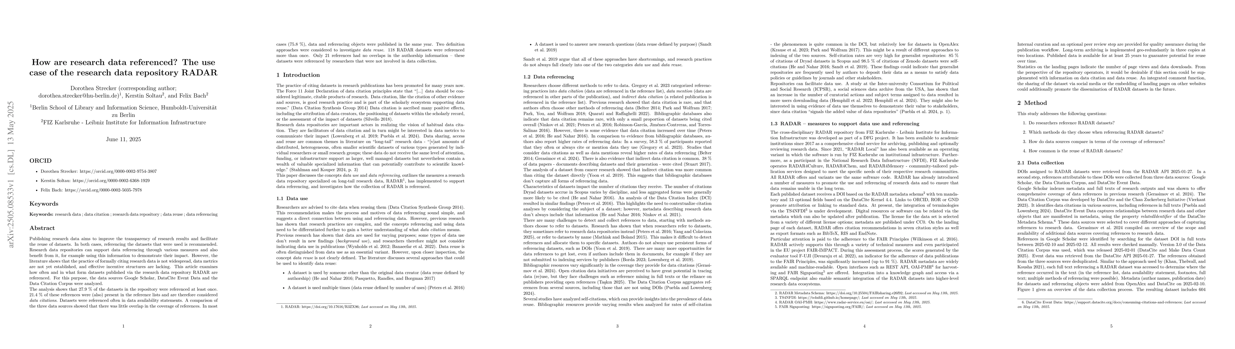 Thumbnail for How are research data referenced? The use case of the research data
  repository RADAR
