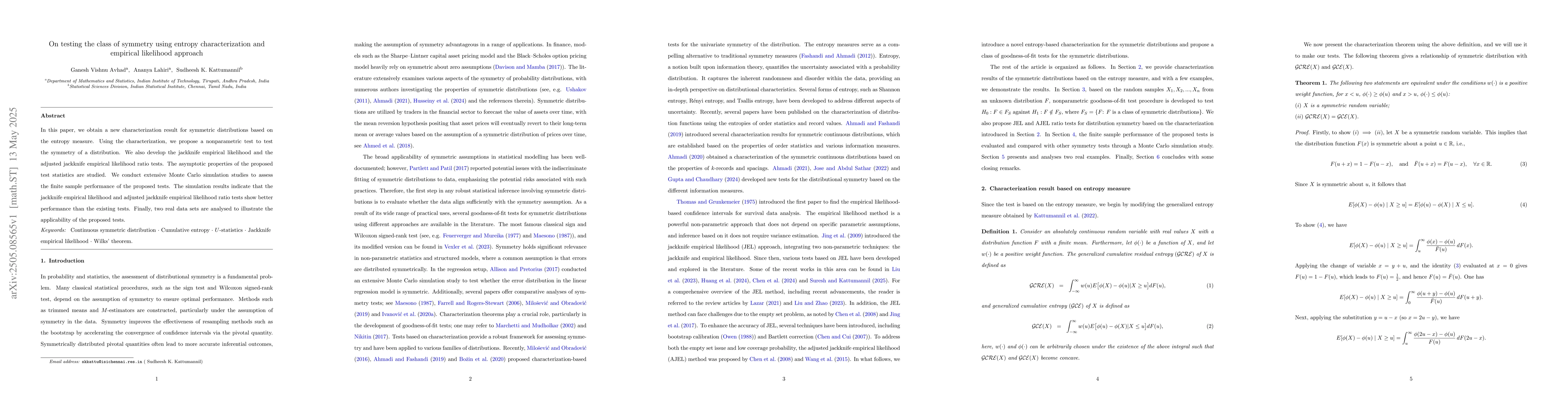Thumbnail for On testing the class of symmetry using entropy characterization and
  empirical likelihood approach