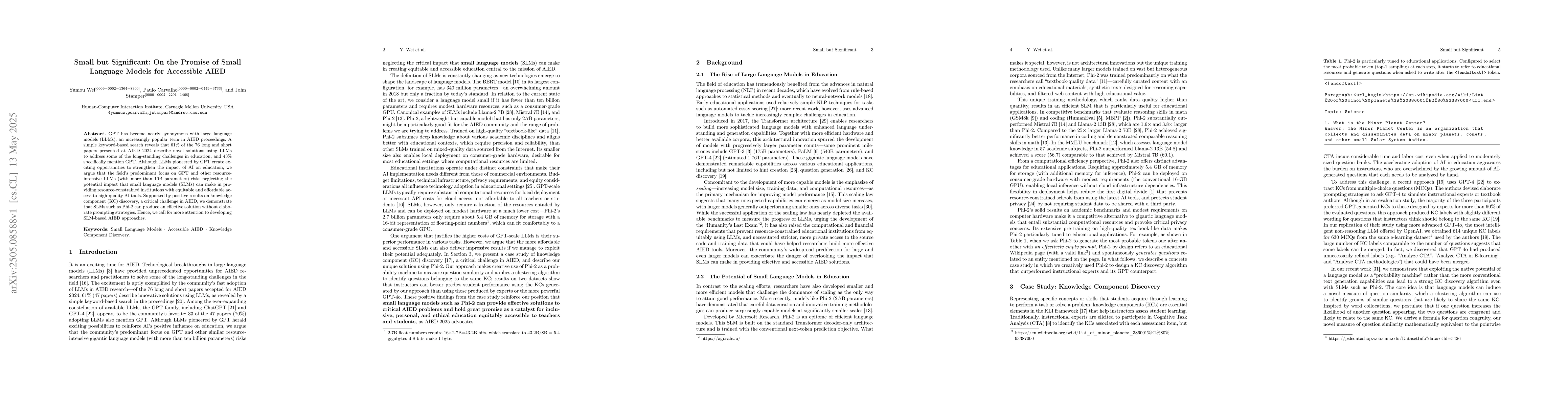 Thumbnail for Small but Significant: On the Promise of Small Language Models for
  Accessible AIED