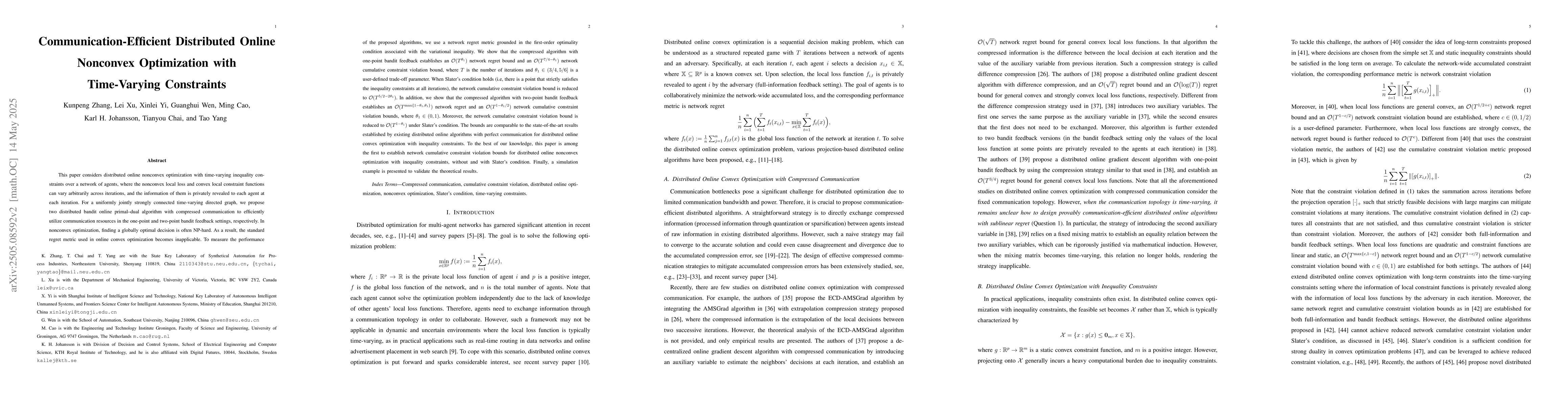 Thumbnail for Communication-Efficient Distributed Online Nonconvex Optimization with
  Time-Varying Constraints