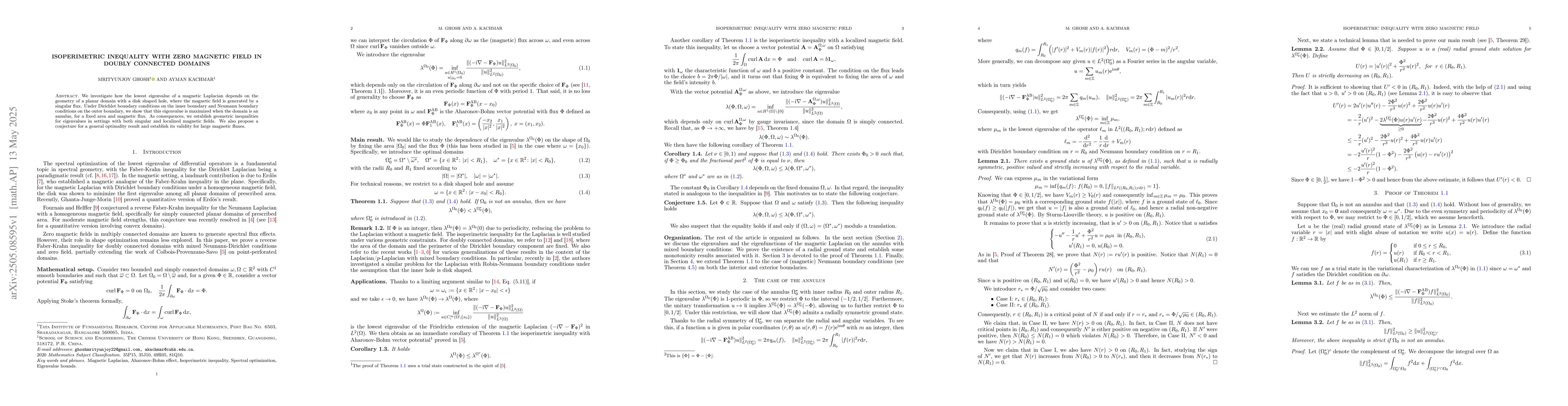Thumbnail for Isoperimetric inequality with zero magnetic field in doubly connected
  domains