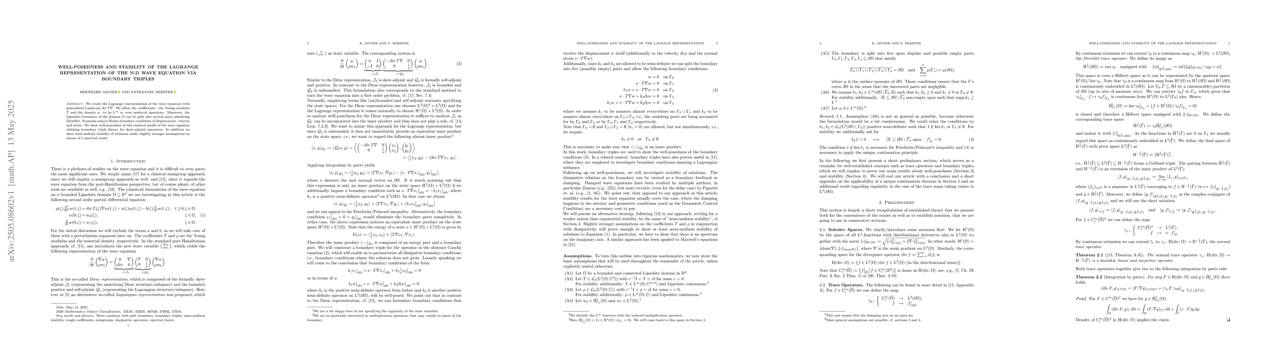 Thumbnail for Well-posedness and stability of the Lagrange representation of the n-D
  wave equation via boundary triples