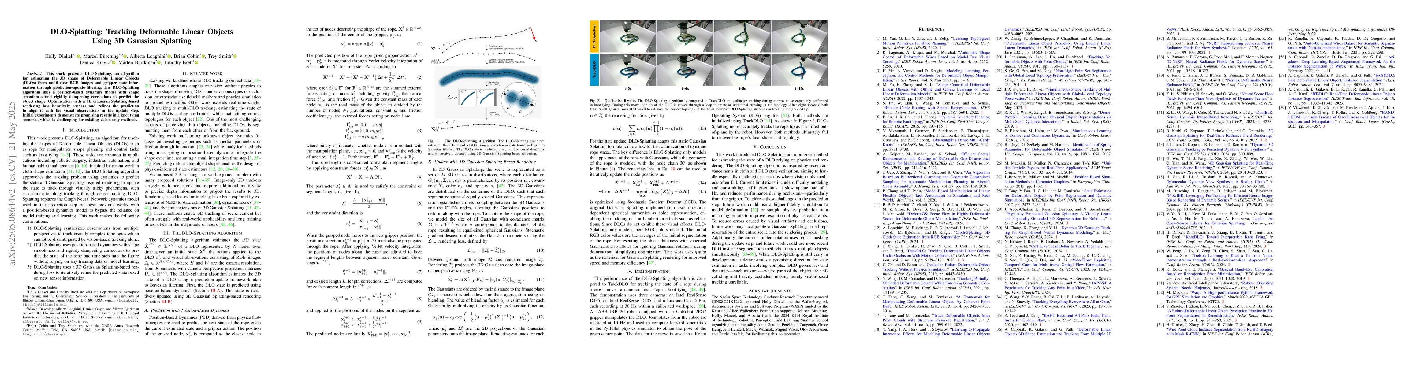 Thumbnail for DLO-Splatting: Tracking Deformable Linear Objects Using 3D Gaussian
  Splatting