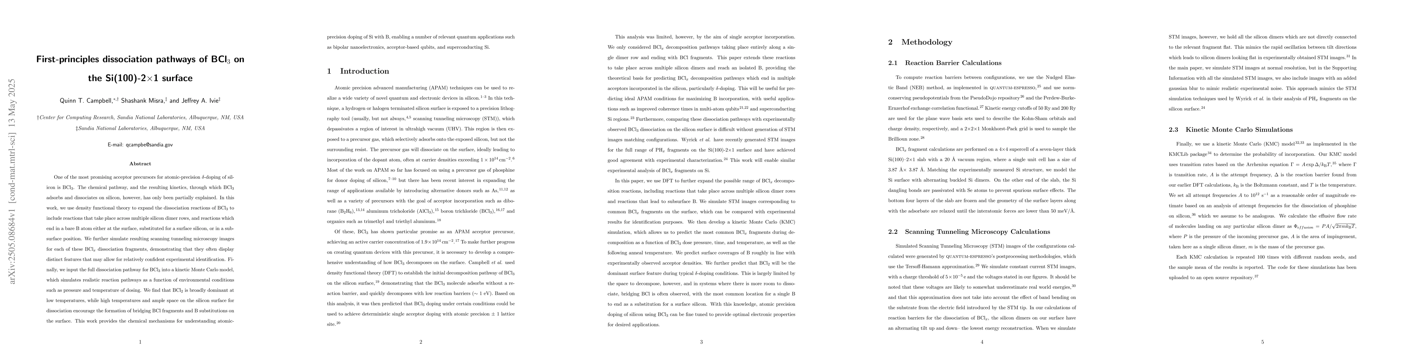 Thumbnail for First-principles dissociation pathways of BCl$_3$ on the
  Si(100)-2$\times$1 surface