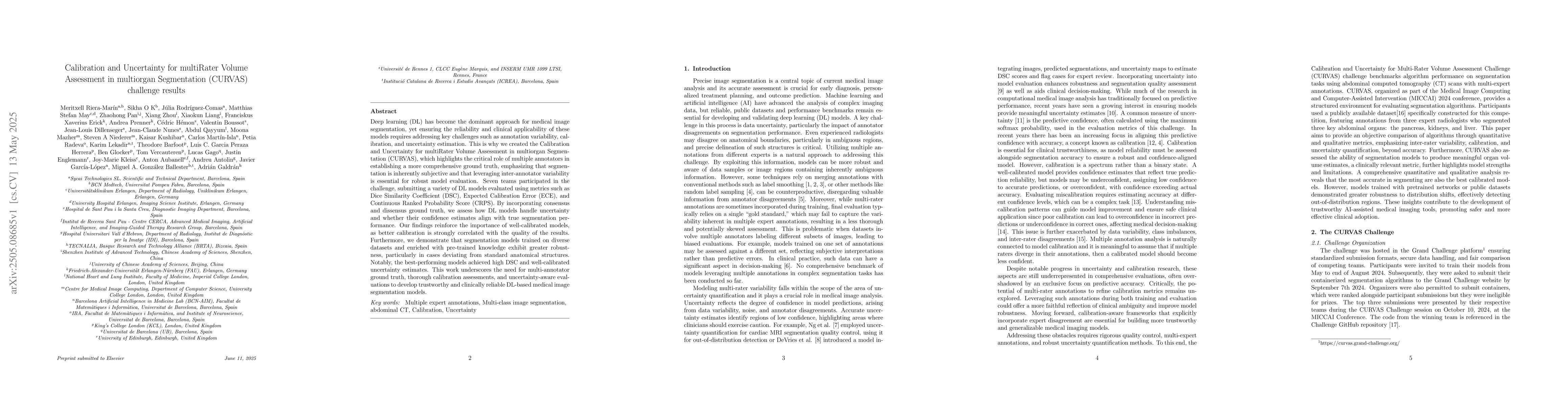 Thumbnail for Calibration and Uncertainty for multiRater Volume Assessment in
  multiorgan Segmentation (CURVAS) challenge results