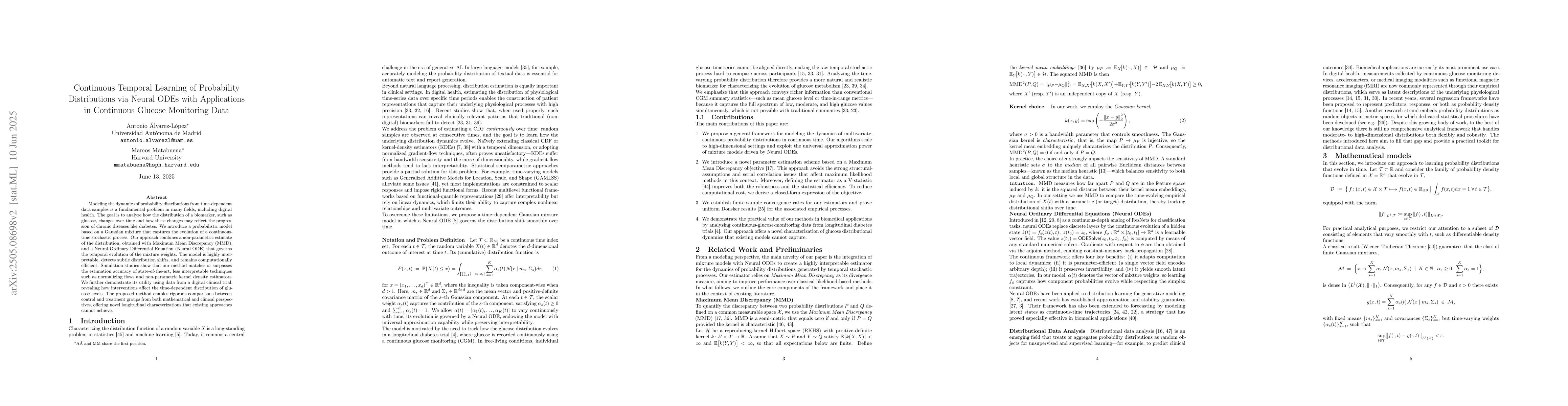 Thumbnail for Continuous Temporal Learning of Probability Distributions via Neural
  ODEs with Applications in Continuous Glucose Monitoring Data
