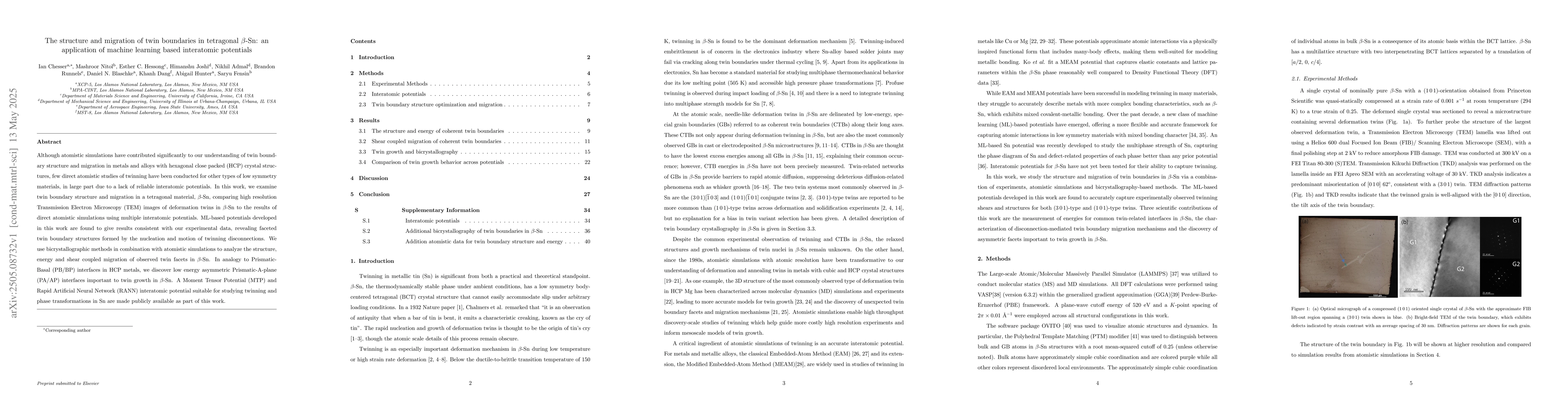 Thumbnail for The structure and migration of twin boundaries in tetragonal $β$-Sn:
  an application of machine learning based interatomic potentials
