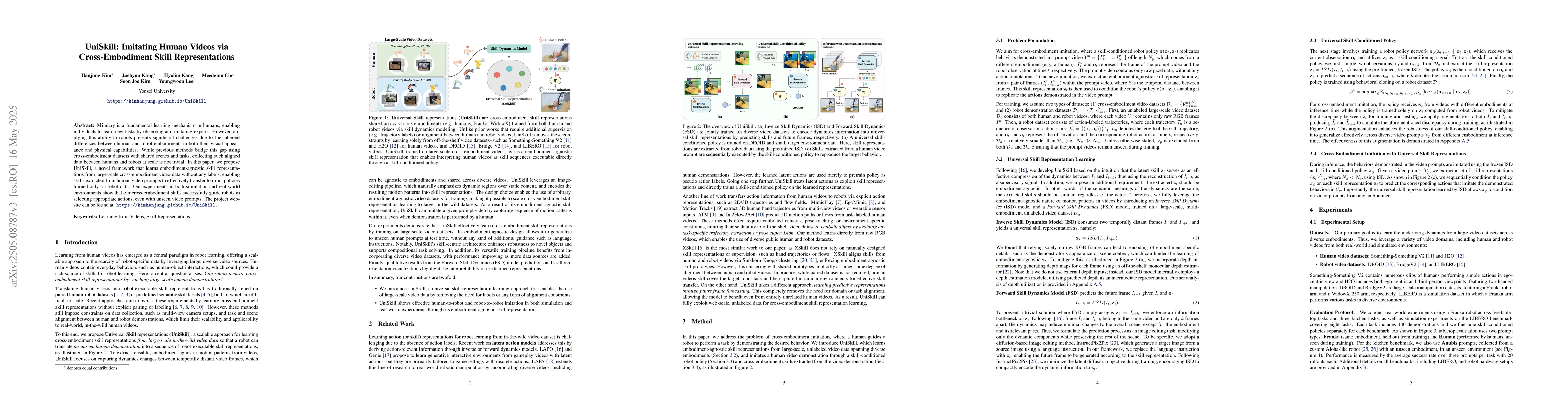 Thumbnail for UniSkill: Imitating Human Videos via Cross-Embodiment Skill
  Representations