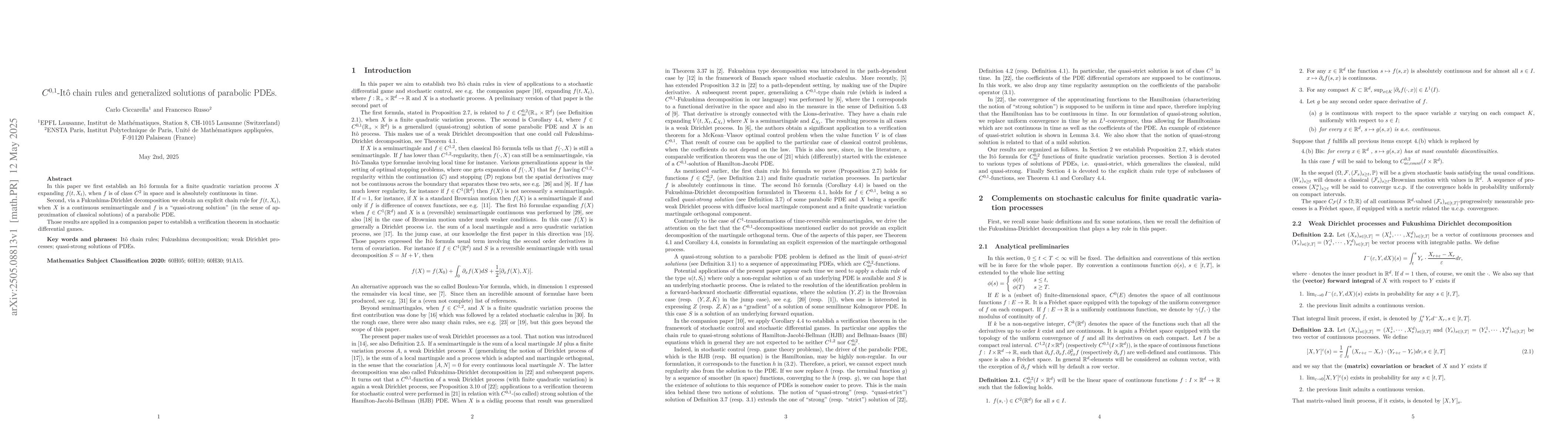Thumbnail for $C^{ 0,1}$ -It{ô} chain rules and generalized solutions of parabolic
  PDEs