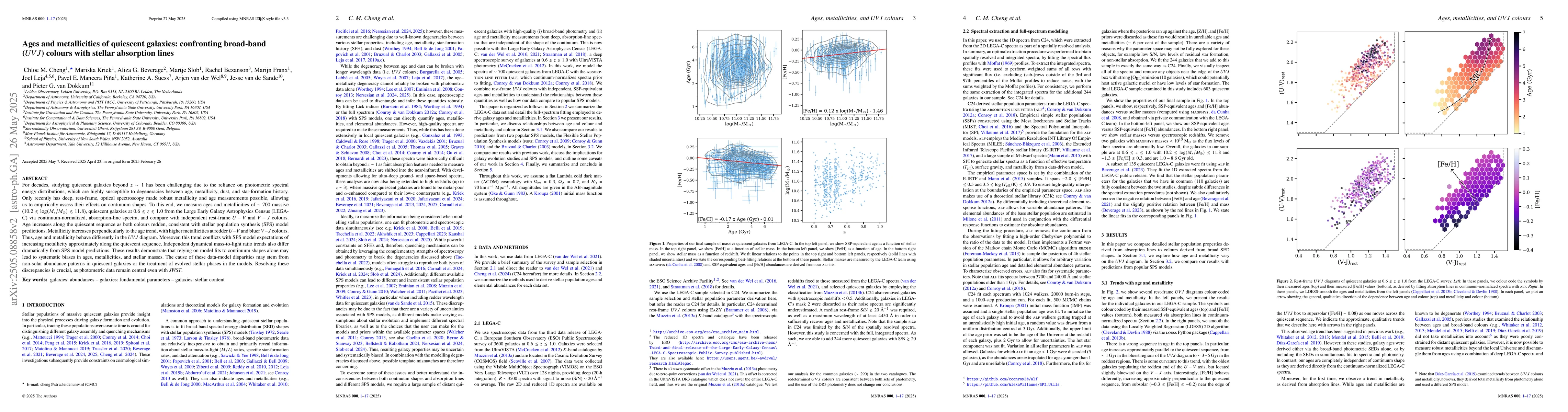 Thumbnail for Ages and metallicities of quiescent galaxies: confronting broadband
  ($UVJ$) colours with stellar absorption lines