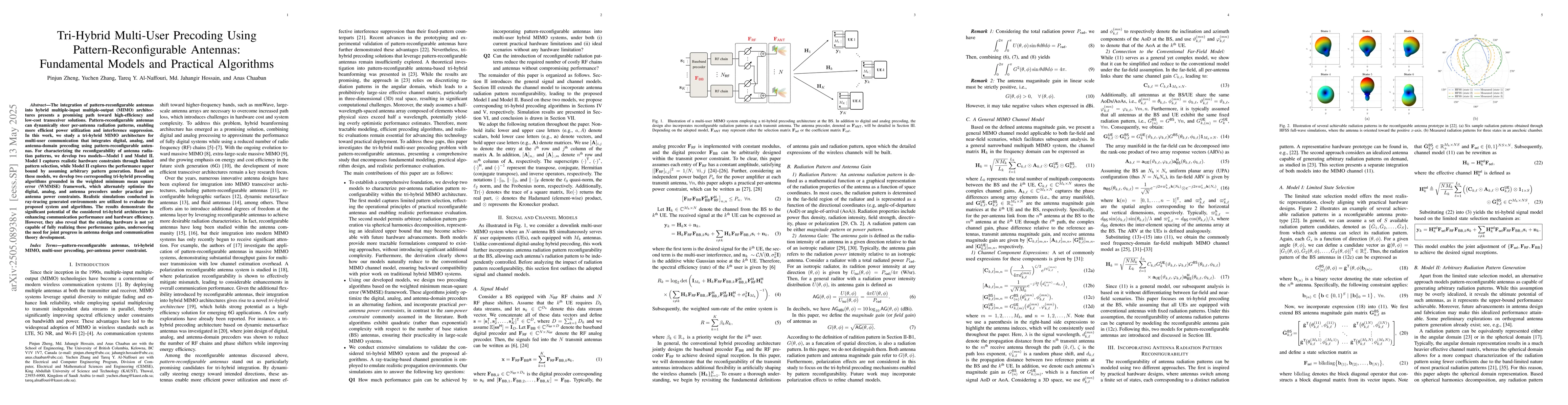 Thumbnail for Tri-Hybrid Multi-User Precoding Using Pattern-Reconfigurable Antennas:
  Fundamental Models and Practical Algorithms