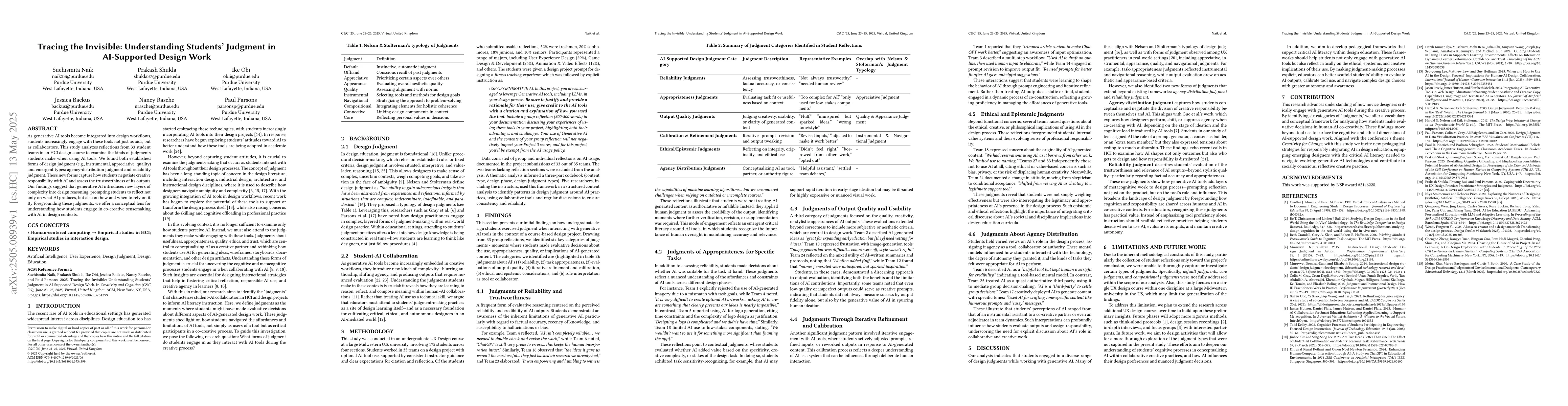 Thumbnail for Tracing the Invisible: Understanding Students' Judgment in AI-Supported
  Design Work