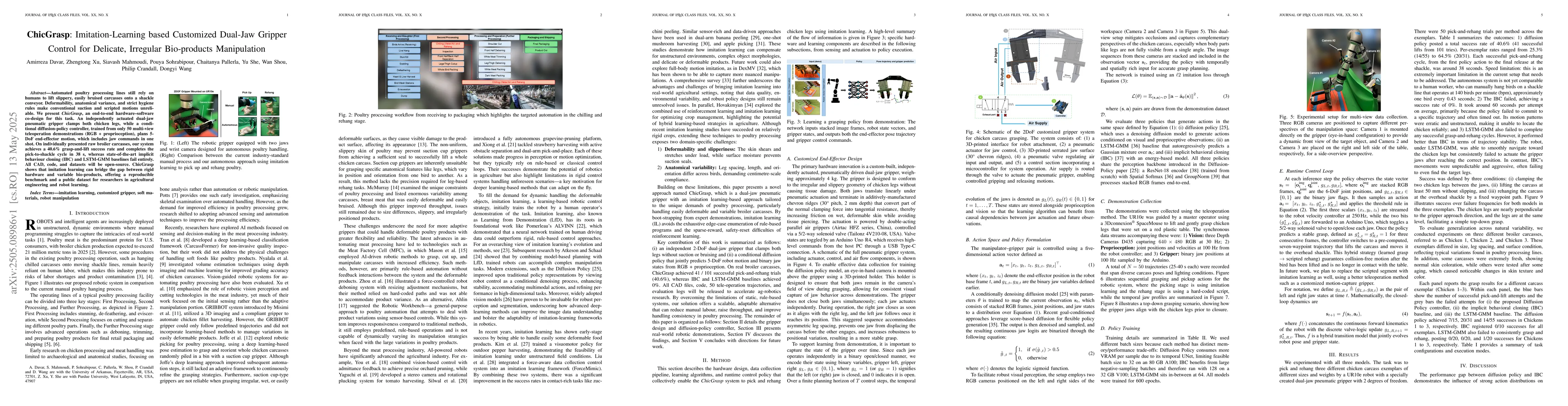 Thumbnail for ChicGrasp: Imitation-Learning based Customized Dual-Jaw Gripper Control
  for Delicate, Irregular Bio-products Manipulation