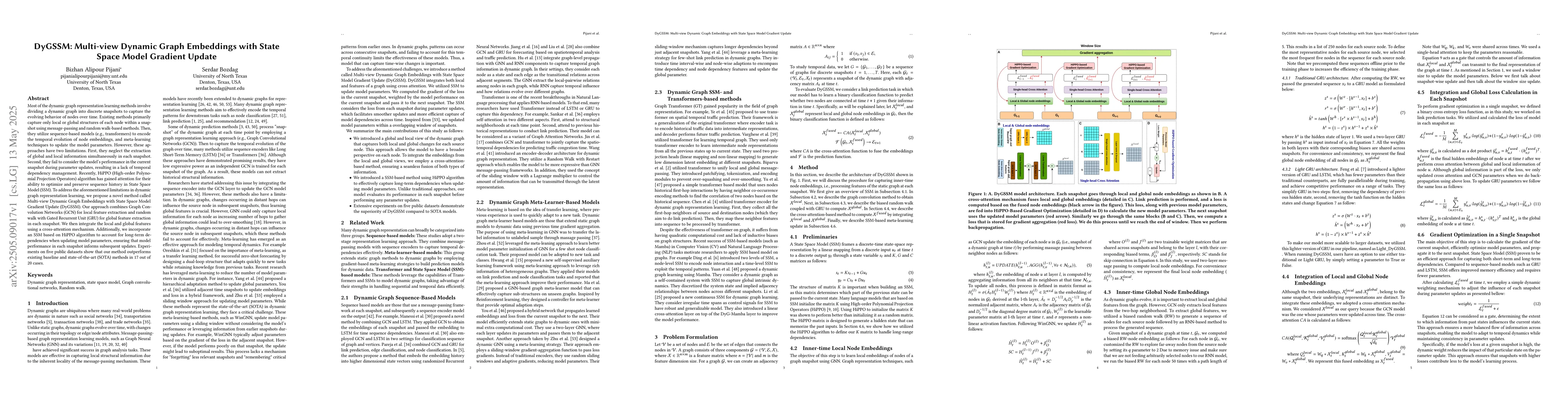 Thumbnail for DyGSSM: Multi-view Dynamic Graph Embeddings with State Space Model
  Gradient Update