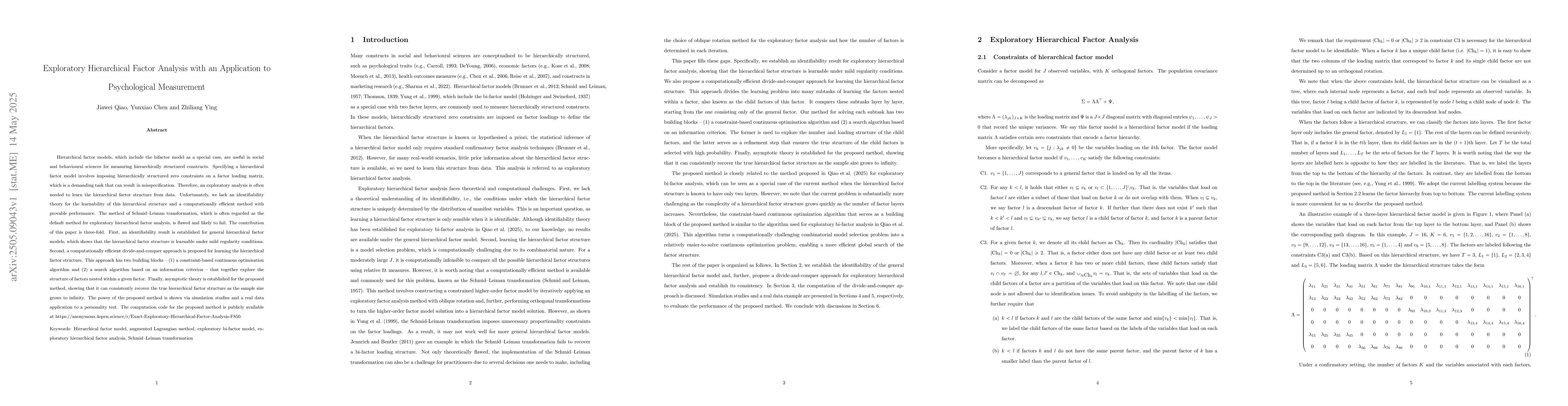 Thumbnail for Exploratory Hierarchical Factor Analysis with an Application to
  Psychological Measurement