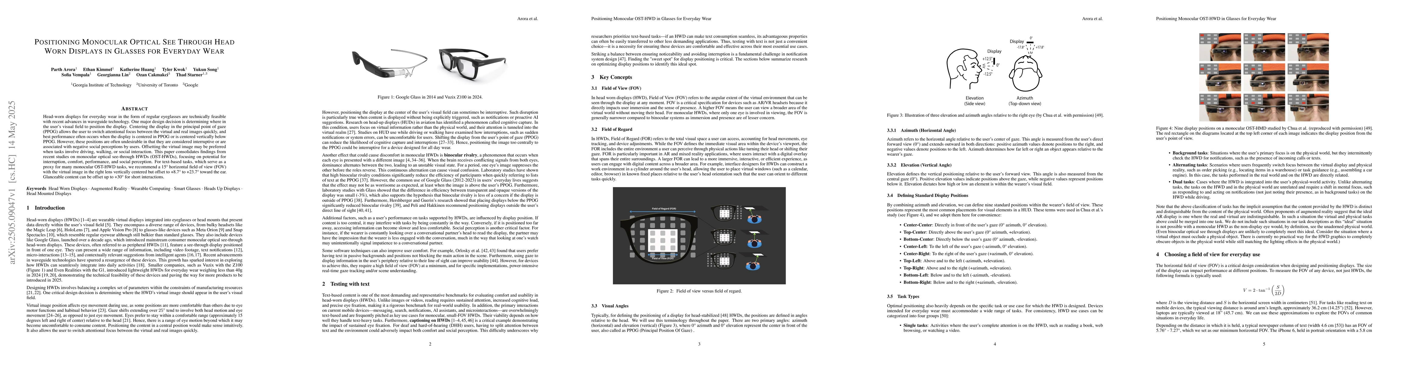 Thumbnail for Positioning Monocular Optical See Through Head Worn Displays in Glasses
  for Everyday Wear